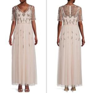 NWT ADRIANNA PAPELL DRESS GOWN SEQUIN BEADED EMBELLISHED PINK SHEER TULLE MESH